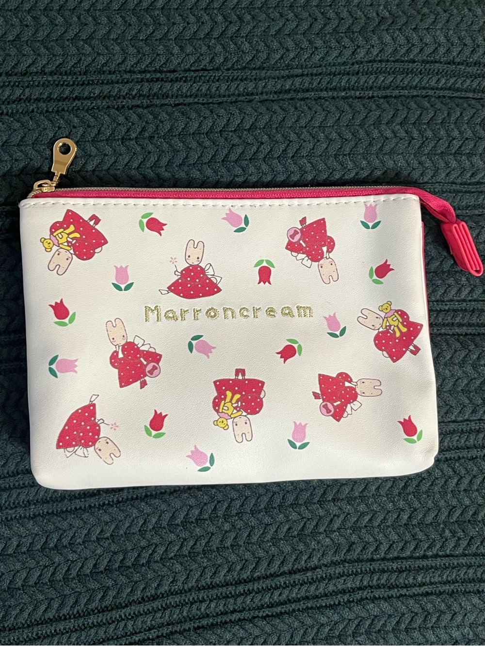 White & Pink Bunny Print Zip Pouch